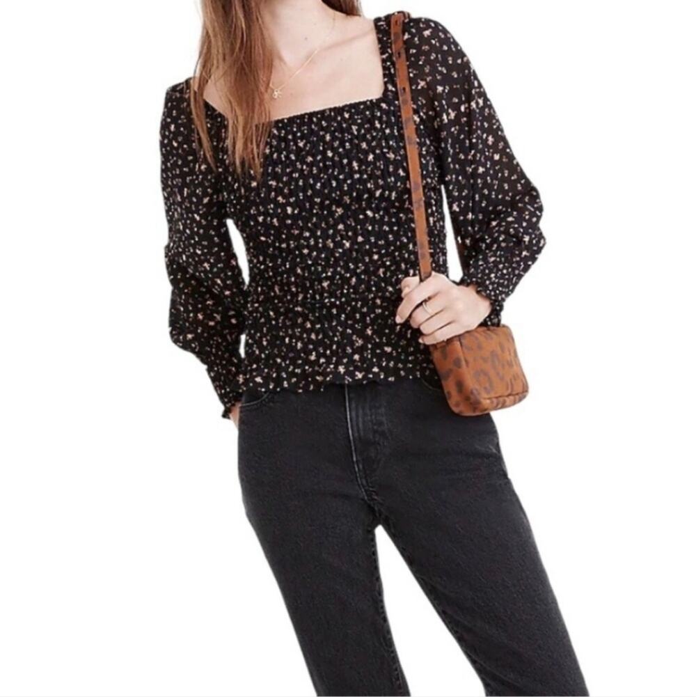 Madewell Black Floral Smocked long sleeve blouse Top small